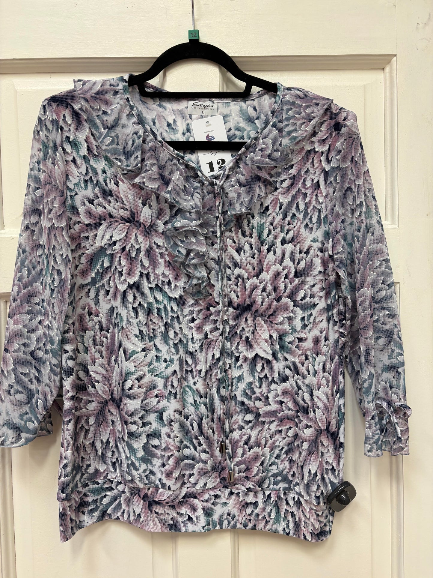 Ed205 RUFFLE NECK CHIFFON PRINTED TOP Pink/Green