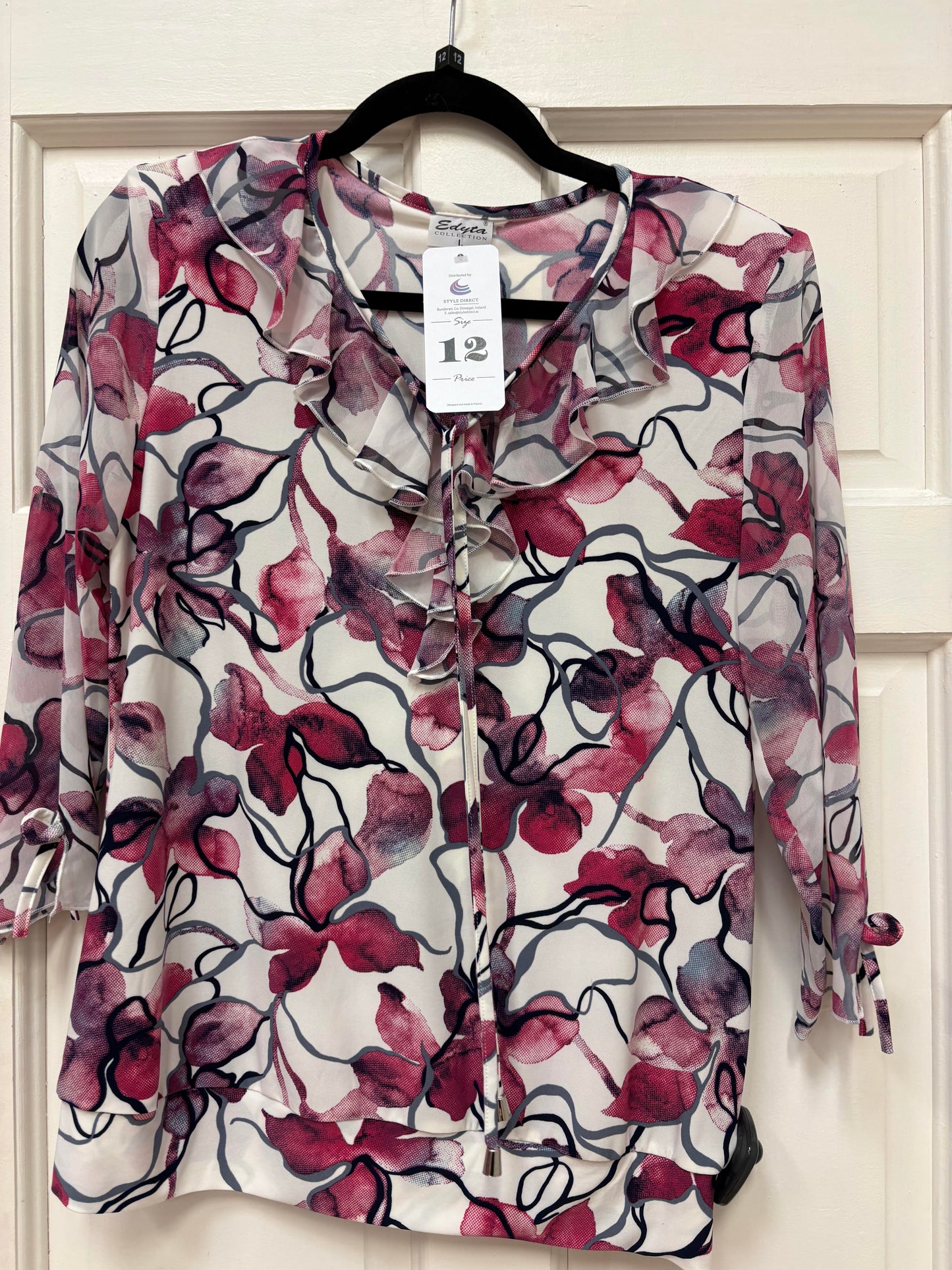 Ed205 RUFFLE NECK CHIFFON PRINTED TOP Raspberry