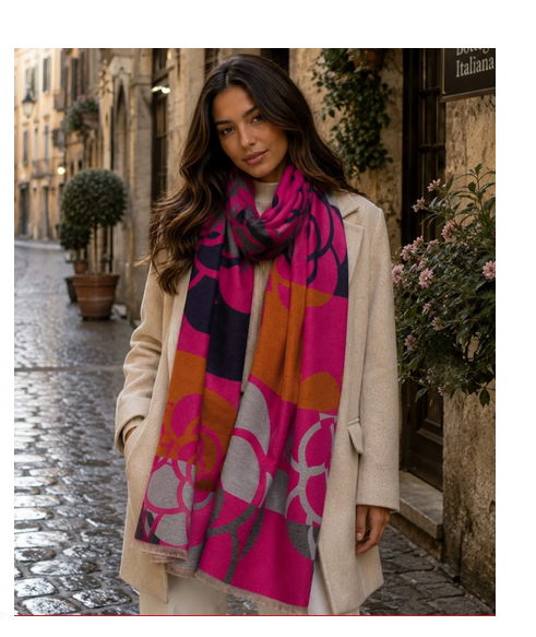 Ede001 FLOWER SUPER SOFT THICK SCARF Fushia/Navy