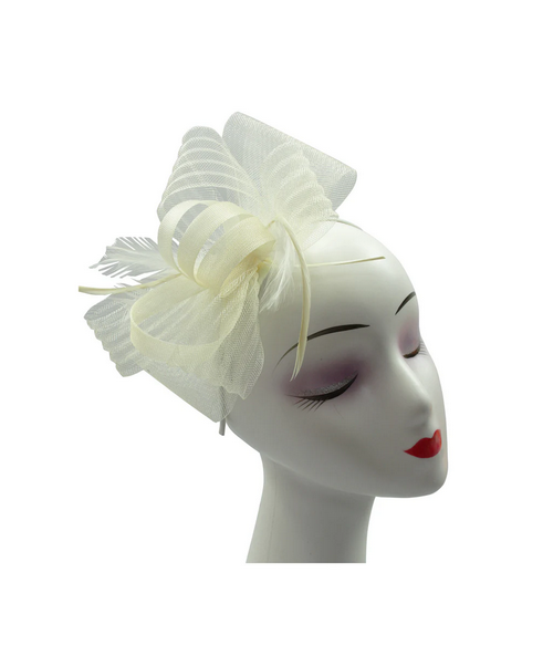 Ft9048-010 Bow Fascinator with Synthetic Loops and Curled Feathers Cream