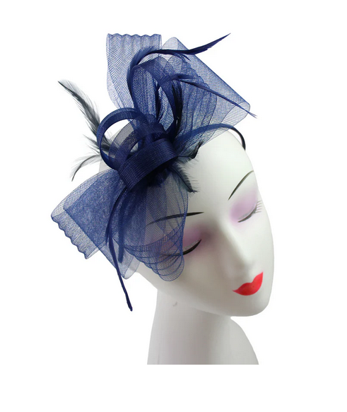 Ft9048-010 Bow Fascinator with Synthetic Loops and Curled Feathers Navy