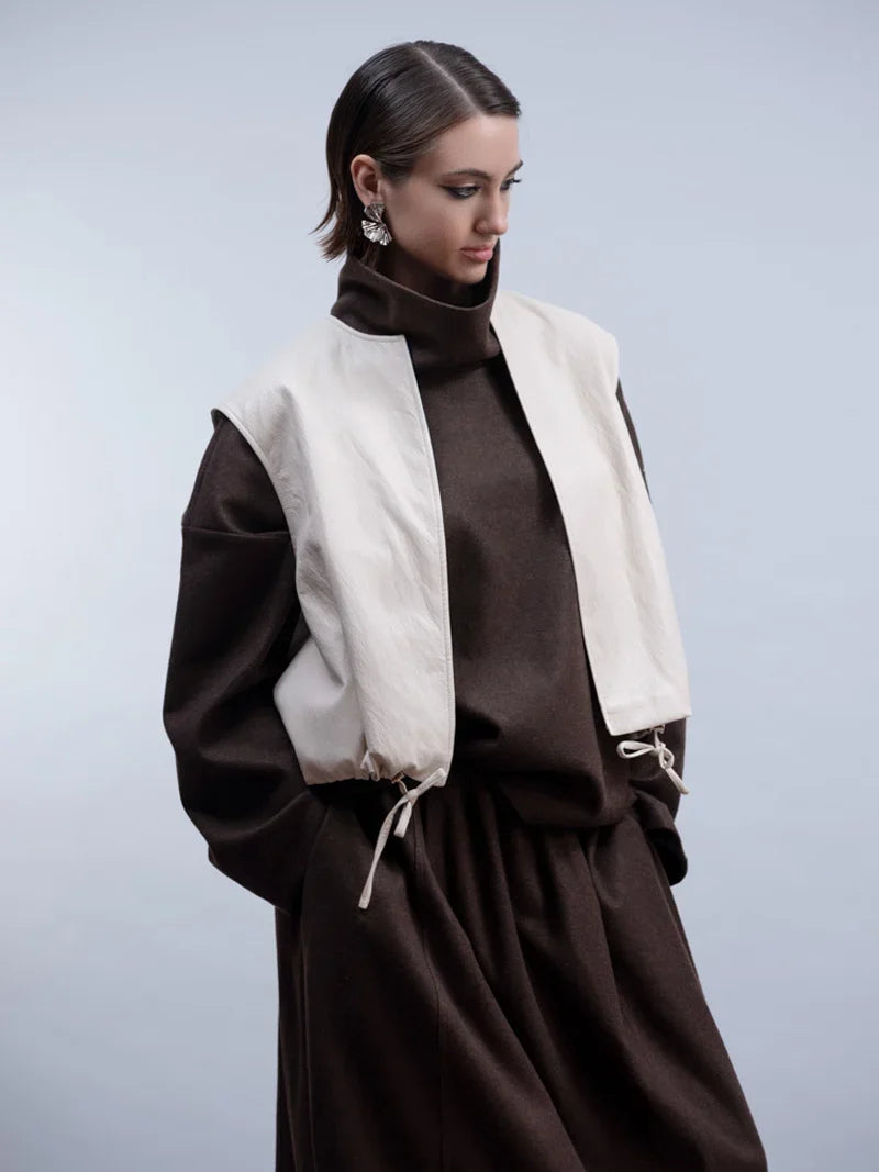 H2010 SLEEVELESS BLACK LEATHER BOMBER WAISTCOAT Cream