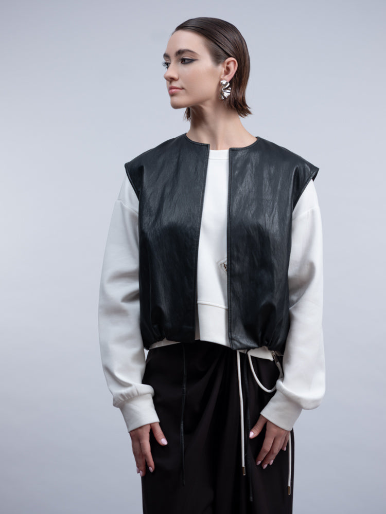 H2010 SLEEVELESS BLACK LEATHER BOMBER WAISTCOAT Black