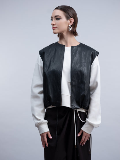 H2010 SLEEVELESS BLACK LEATHER BOMBER WAISTCOAT Black