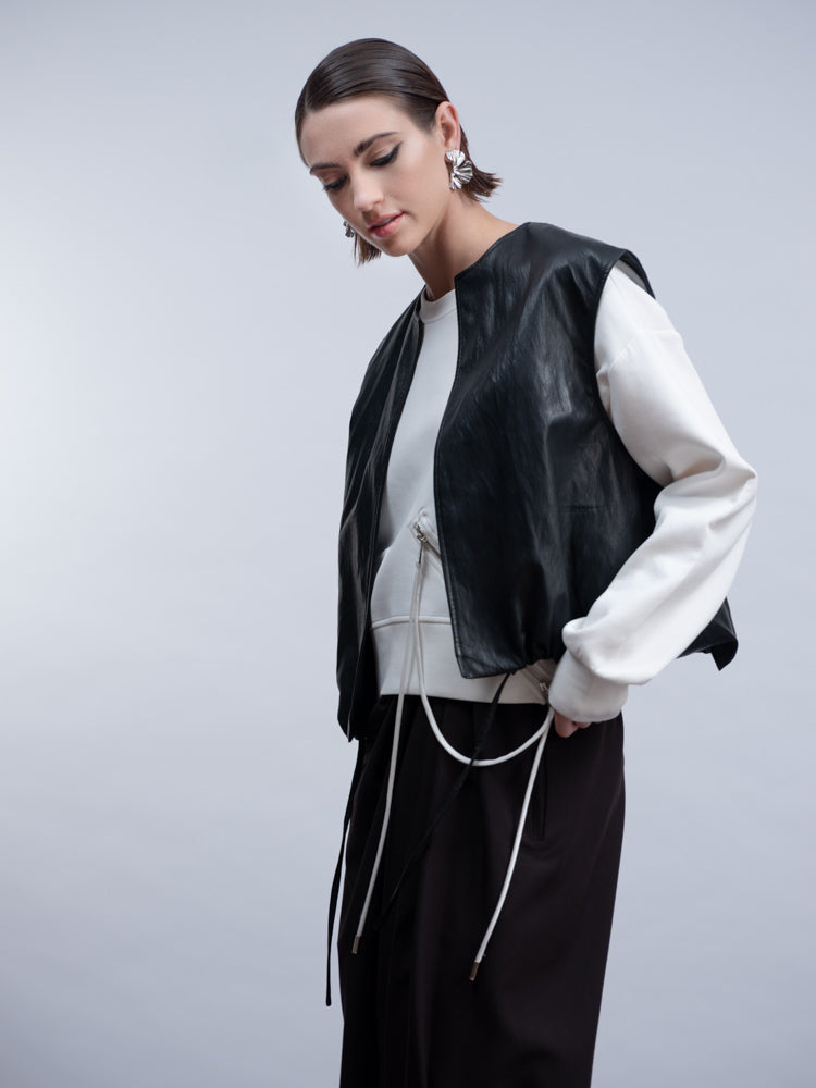 H2010 SLEEVELESS BLACK LEATHER BOMBER WAISTCOAT Black
