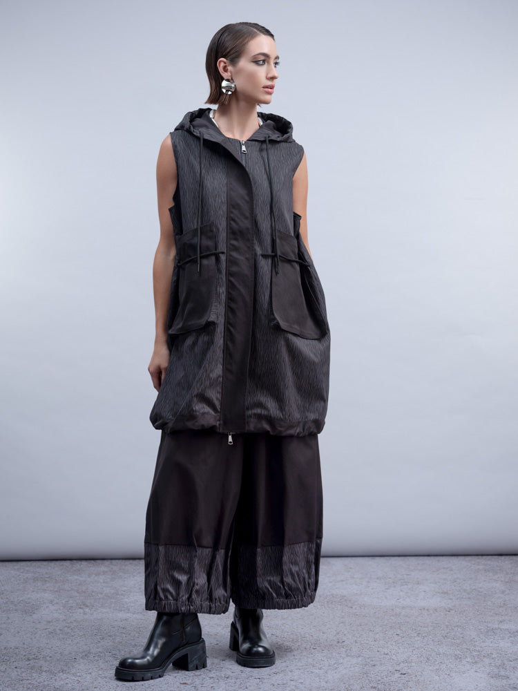 H2034 HOODED WAISTCOAT PULLSTRING WAIST Black/Grey