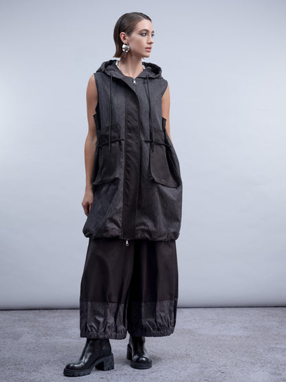 H2034 HOODED WAISTCOAT PULLSTRING WAIST Black/Grey