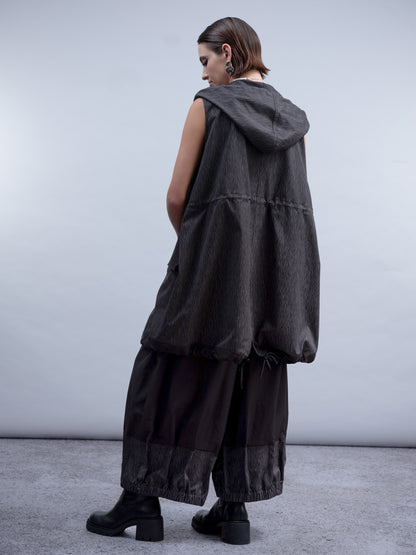 H2034 HOODED WAISTCOAT PULLSTRING WAIST Black/Grey