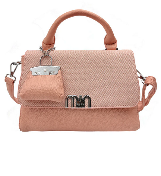 Hb25384-167 Fashionable Flap Over Crossbody Handbag with Charm Pink
