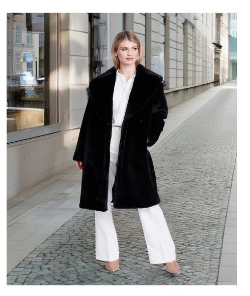 Hep004 HEPBURN LONGLINE PLUSH FAUX FUR COAT Black