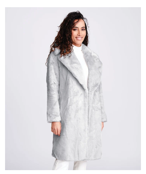 Hep004 HEPBURN LONGLINE PLUSH FAUX FUR COAT Silver