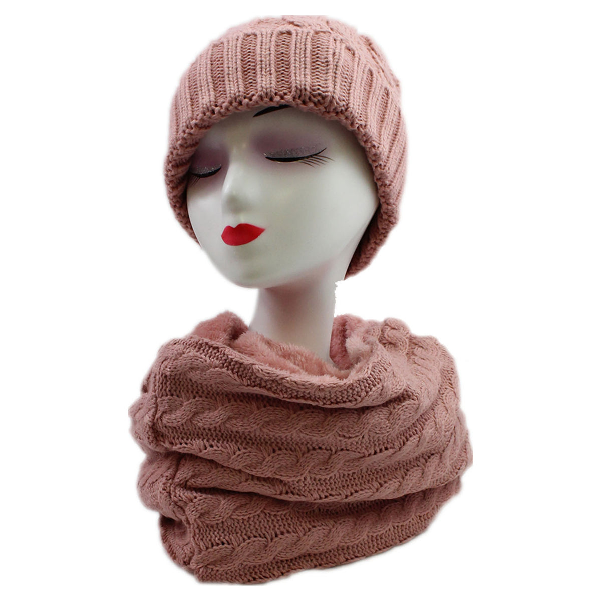 Ht19238-111 Soft Feel Faux Fur Winter Hat and Scarf Set Pink