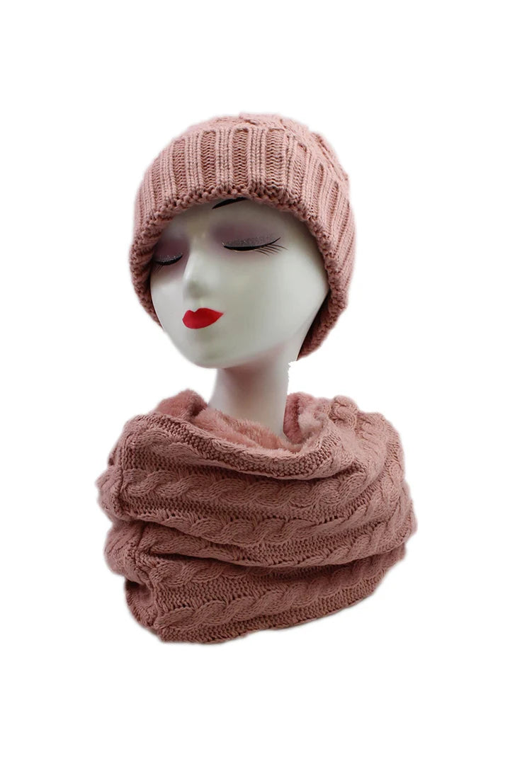 Ht19238-110 Pom Pom Hat And Scarf Set Pink