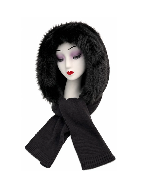 Ht26220-376 Hooded Scarf with Fur Trim Black