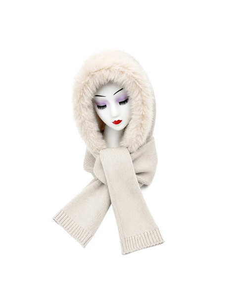 Ht26220-376 Hooded Scarf with Fur Trim Cream