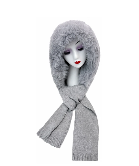 Ht26220-376 Hooded Scarf with Fur Trim Grey