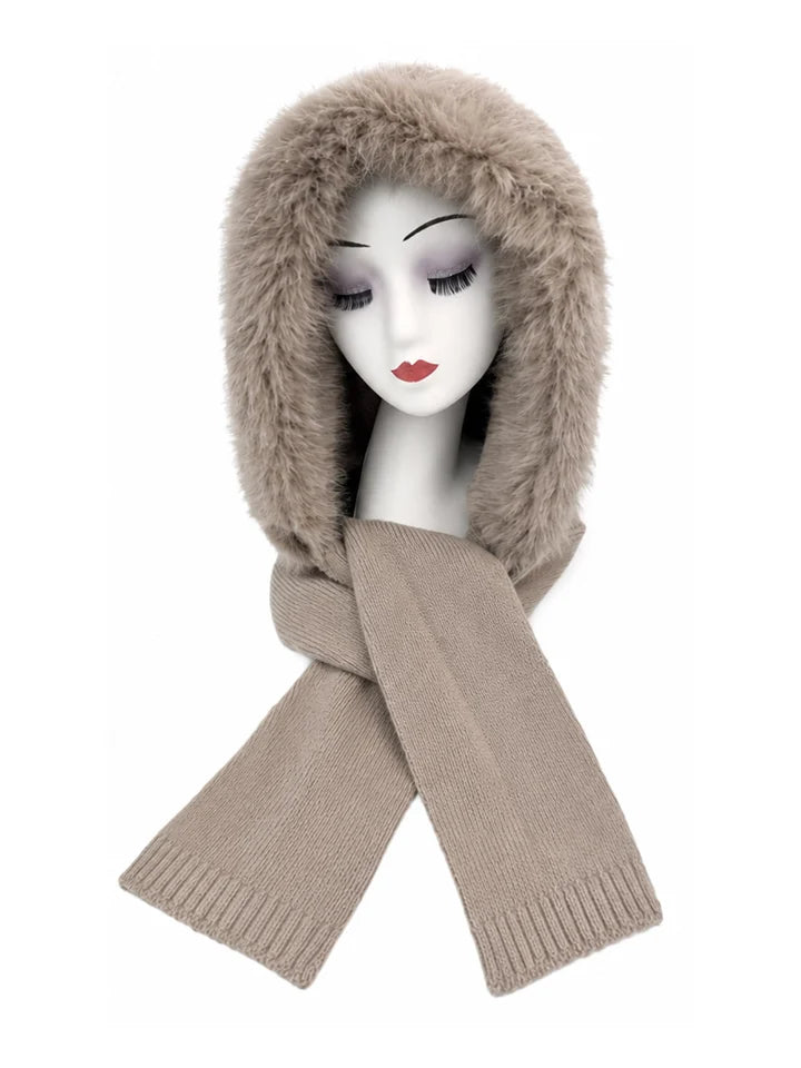 Ht26220-376 Hooded Scarf with Fur Trim Beige