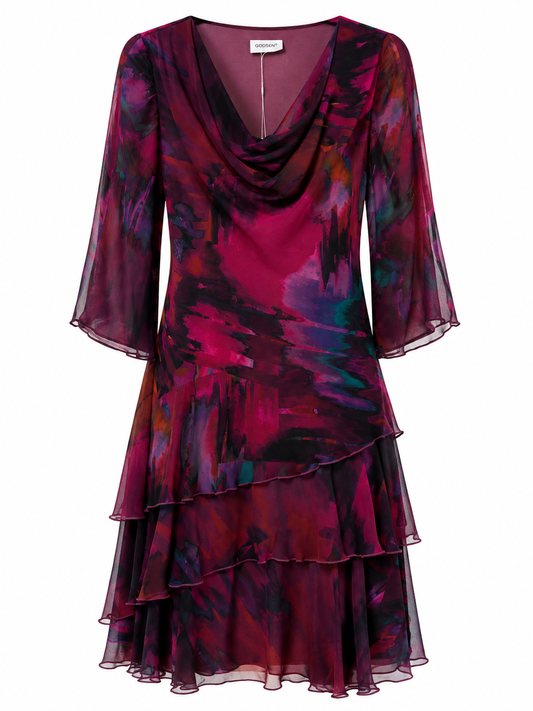 18695 18695 Layered 1/2 Slve Chiffon Dress Purple Plum