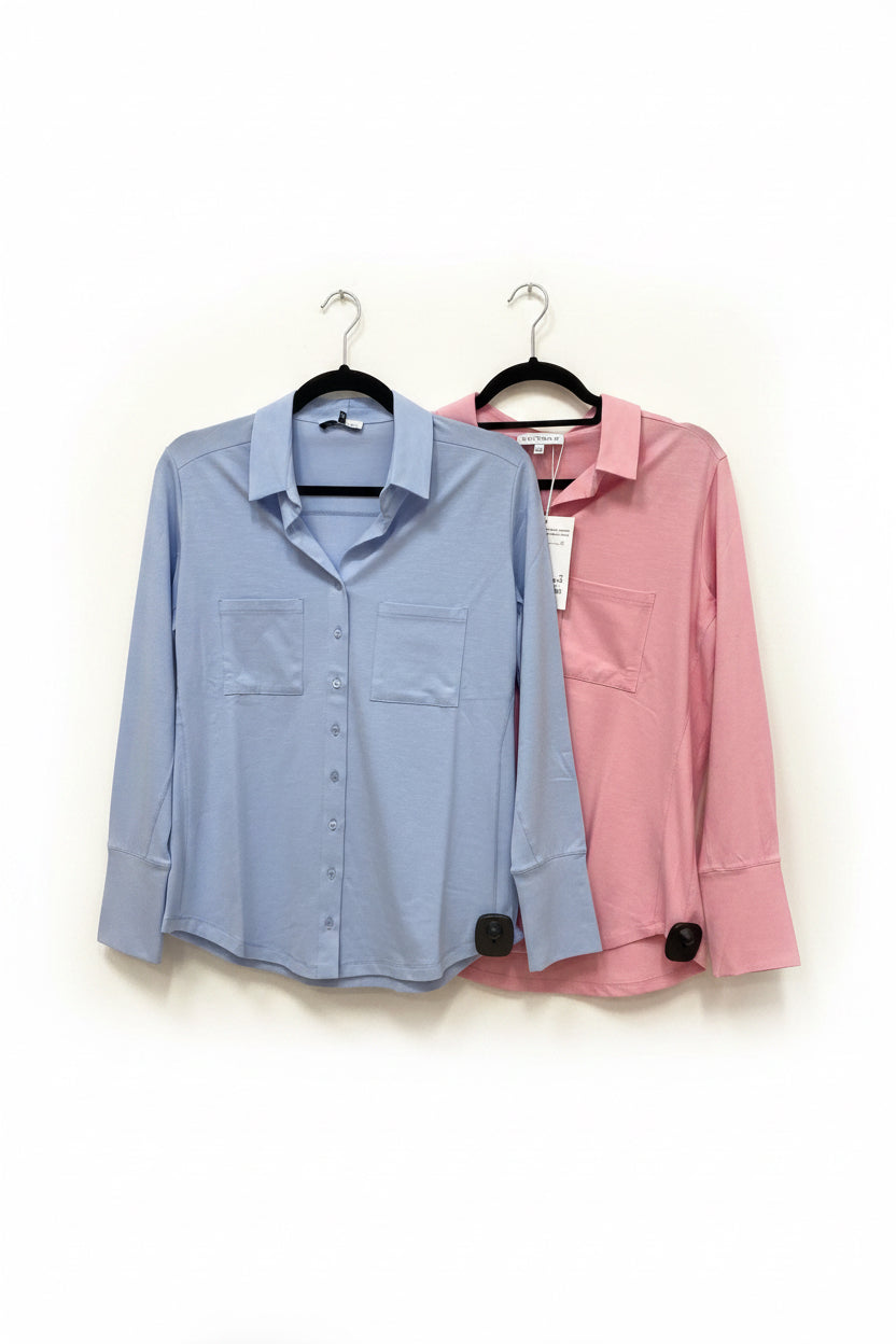 Izzy soft button up shirt with collar and front pocket Pink