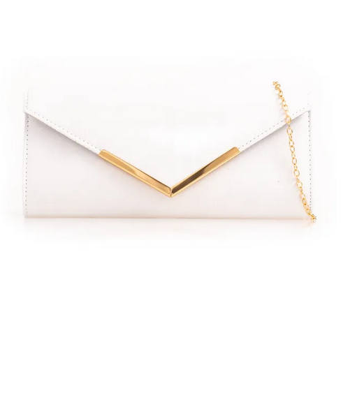 L2435 MATT GOLD TRIM ENVELOPE CLUTCH White