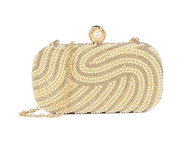 Ld3394 PEARL BUTTON CLOSE HARD CLUTCH BAG Gold
