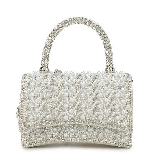 Ld3742 BLING/PEARL HANDLE ENVELOPE CLUTCH Silver