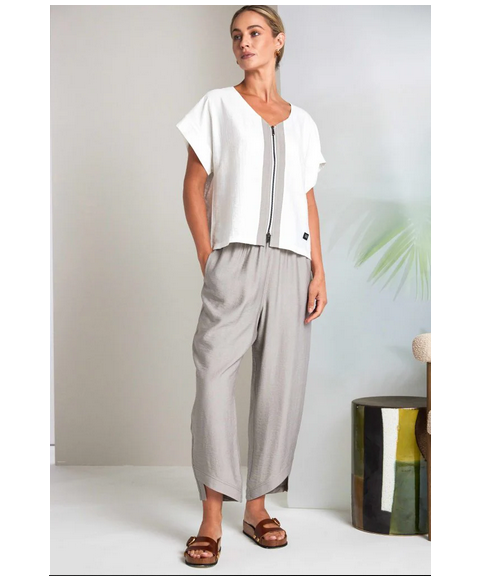 Nas26158/159 Linen Look V-Neck Top And T White/Taupe