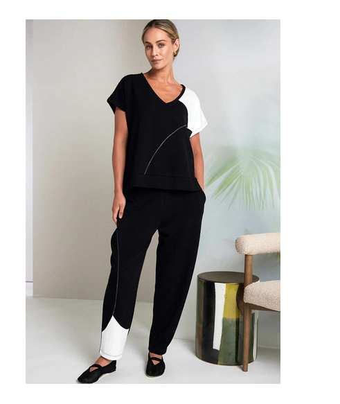 Nas26229 Pull Up Trs Contrast Curved Hem Black/White