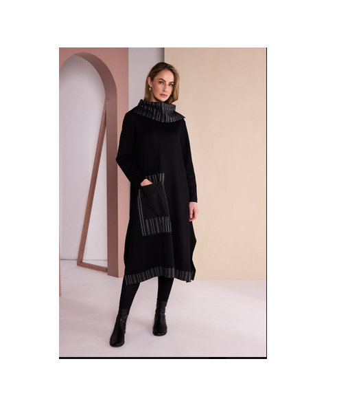 Naw26160 DRESS WITH CONTRAST STRIPE SECTION AND NECKPIECE/SCARF Black/Green