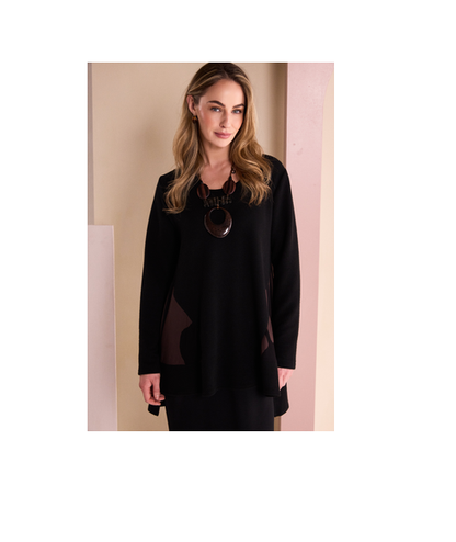 Naw26219 VEE NECK TUNIC TOP WITH PRINT SECTION Black/Brown