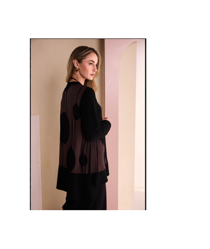 Naw26219 VEE NECK TUNIC TOP WITH PRINT SECTION Black/Brown