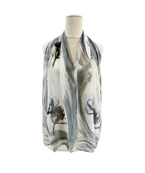 Sf2433-012 FLOWER WATERCOLOUR PRINT CHIFFON SCARF Black