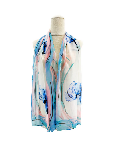 Sf2433-012 FLOWER WATERCOLOUR PRINT CHIFFON SCARF Blue