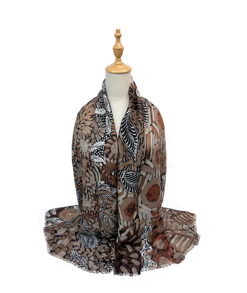 Sf26090-404 Artisan Botanical Print Scarf Brown