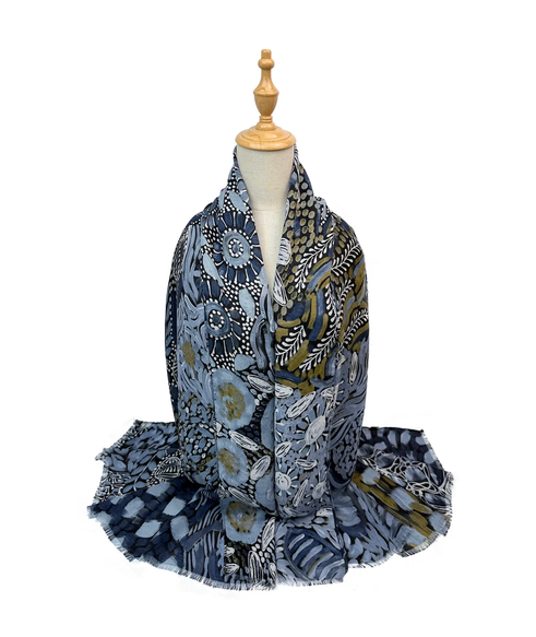 Sf26090-404 Artisan Botanical Print Scarf Navy