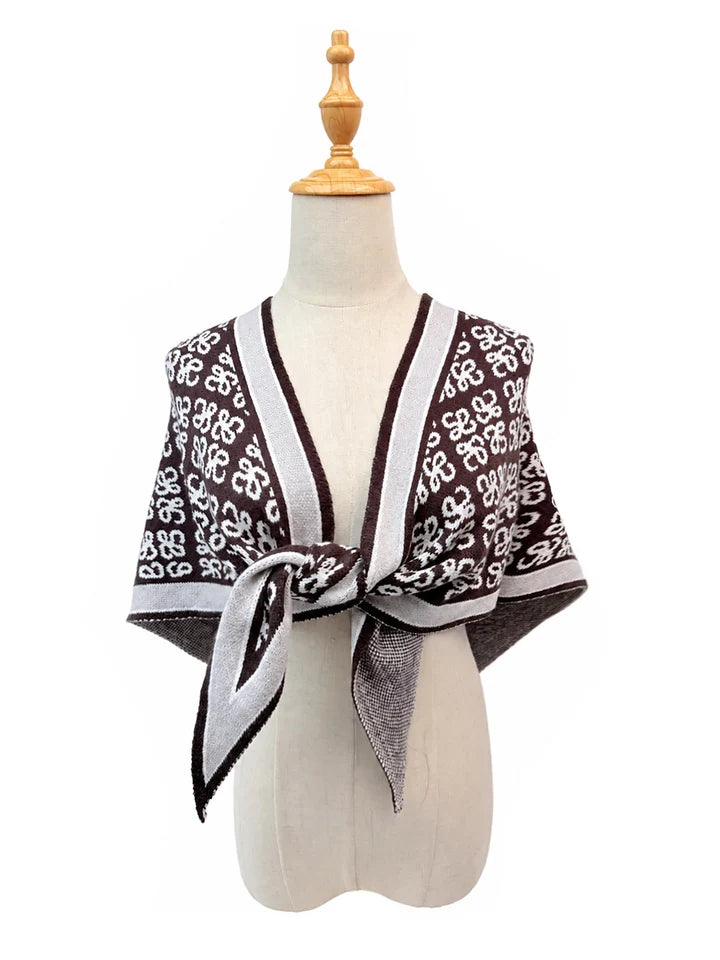 Sf26145-435 Ditsy Clover Print Triangle Scarf Brown