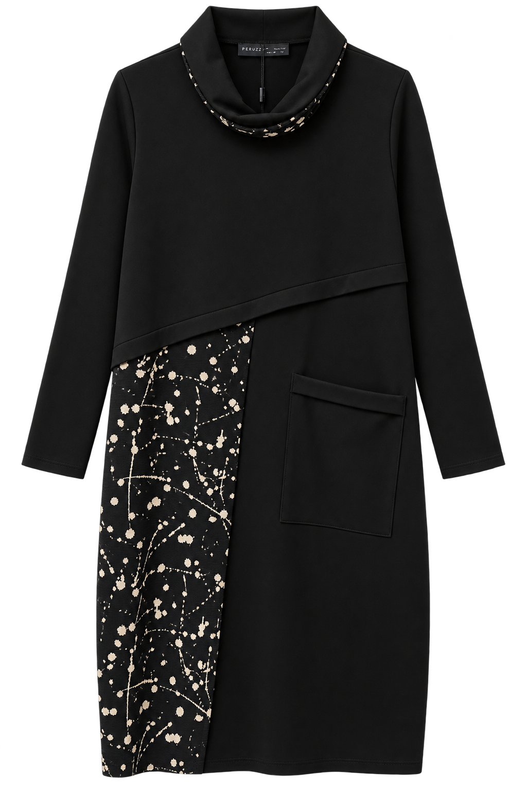 W26138 SPLASH PRINT COWL NECK DRESS Black/Beige