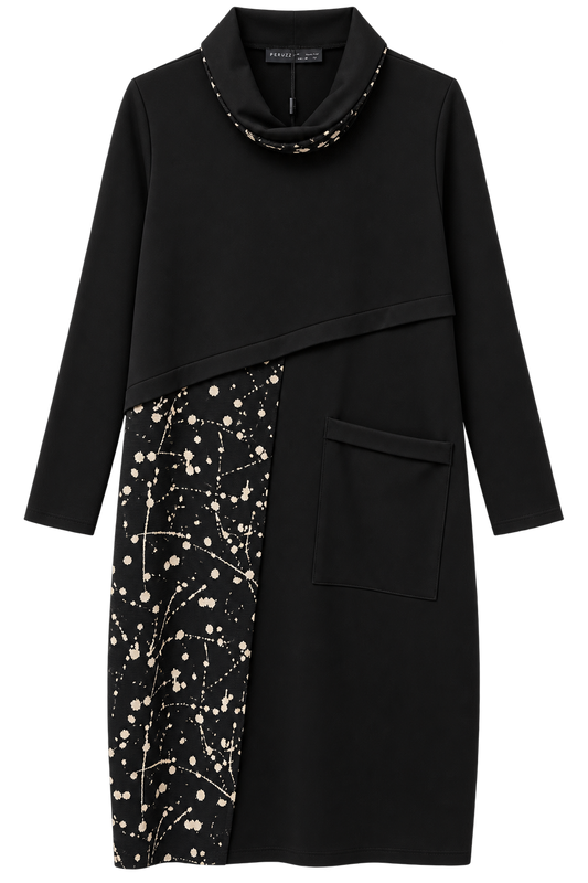 W26138 SPLASH PRINT COWL NECK DRESS Black/Beige