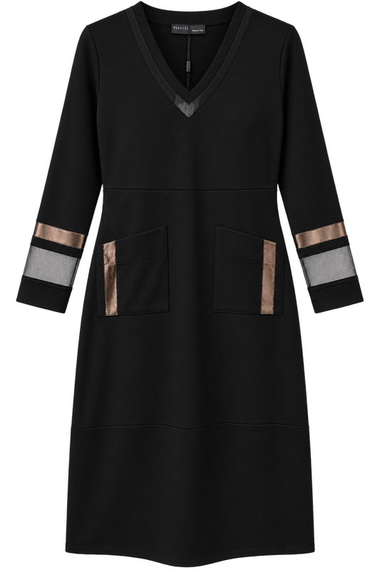 W26171 METALLIC DESIGN V-NECK MESH DRESS BLACK/BRONZE