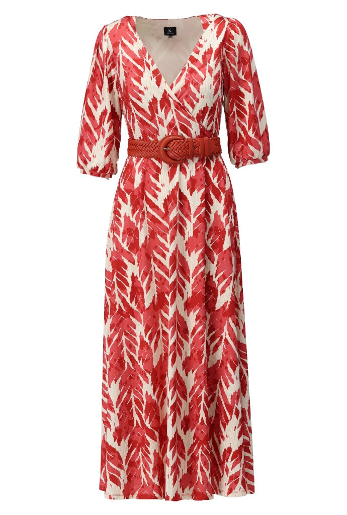 A101 Print Mock Wrap 3/4 Slve Maxi Dress Coral/Beige