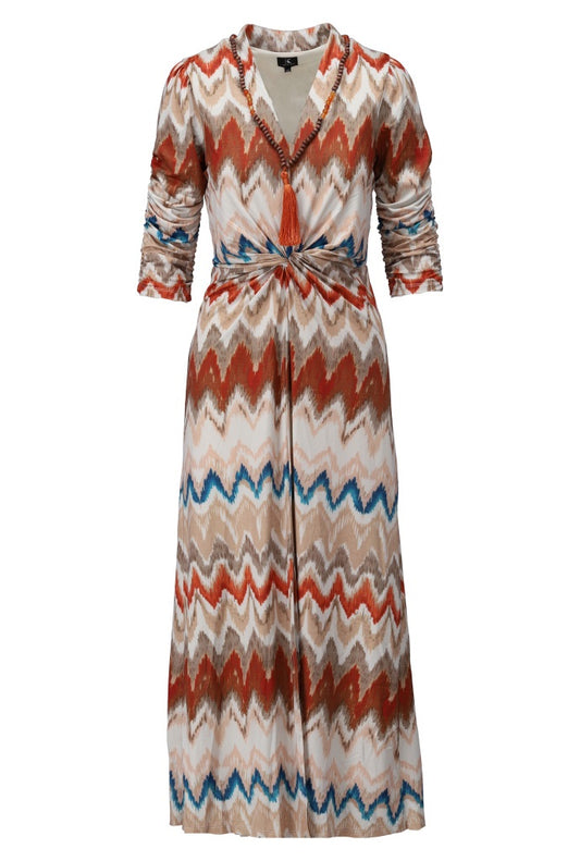 A121 Knot Front 3/4 Slve V-Neck Maxi Dre Rust/Beige