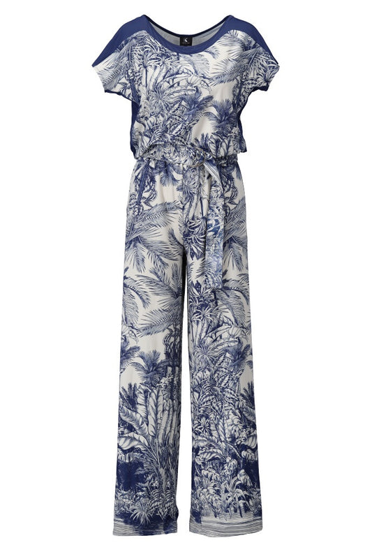A327 Printed S/S Belted Wide Leg Jumpsui Navy/White