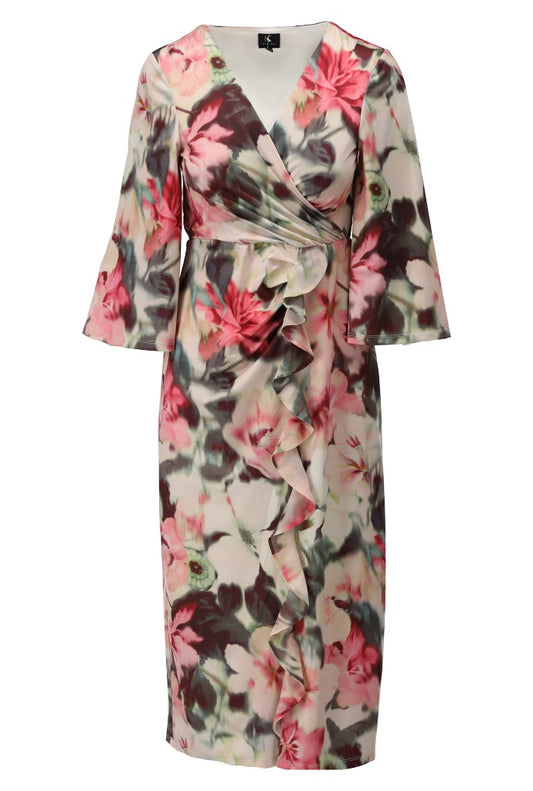 A342 Midi Dress With Design And Frill Pink