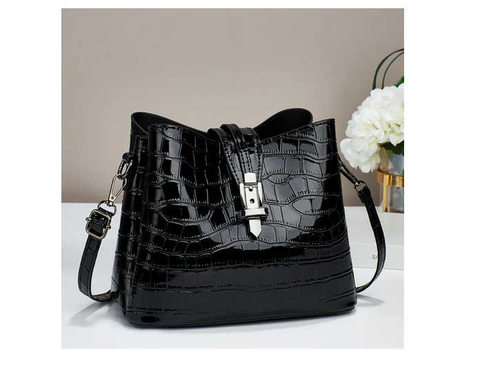 A8806-5 Shiny Croc Dressy Bag Black