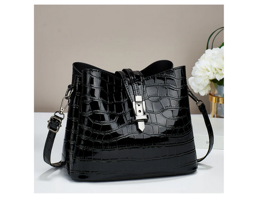 A8806-5 Shiny Croc Dressy Bag Black