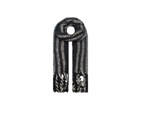 Ab1812-148 Stripe Cotton Fringed Scarf Black