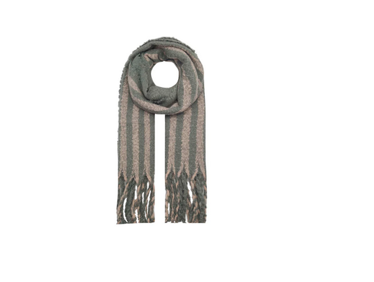 Ab1812-148 Stripe Cotton Fringed Scarf Grey/Pink