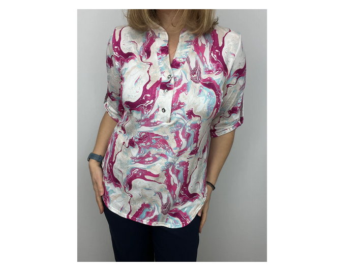 Al103 STAND UP COLLAR PRINTED 3/4 SLVE TOP Raspberry