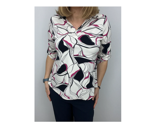 Al202 PRINTED LONGLINE COLLAR TOP HEAVY FABRIC White/Pink