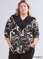 B-2501-Print Pleated V-Neck Print Top Black/Cream